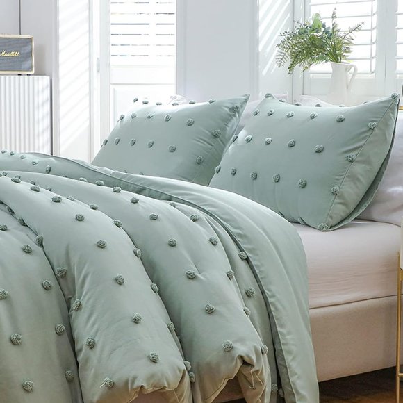 Tranquil Sage Green Polka Dot Texture Queen Size Comforter Shams Bedding Set New